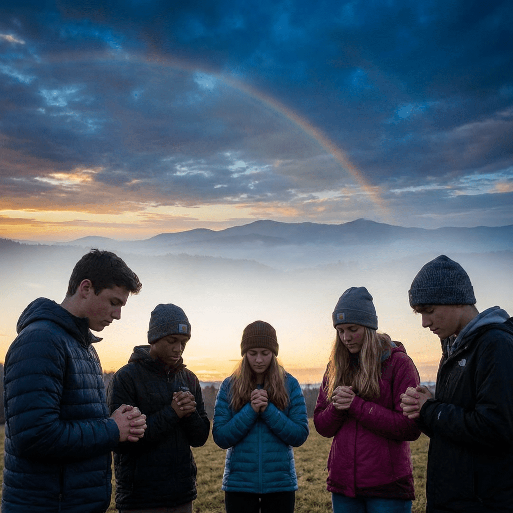Five teenagers pray together outdoors against a backdrop of misty mountains and a vibrant rainbow.