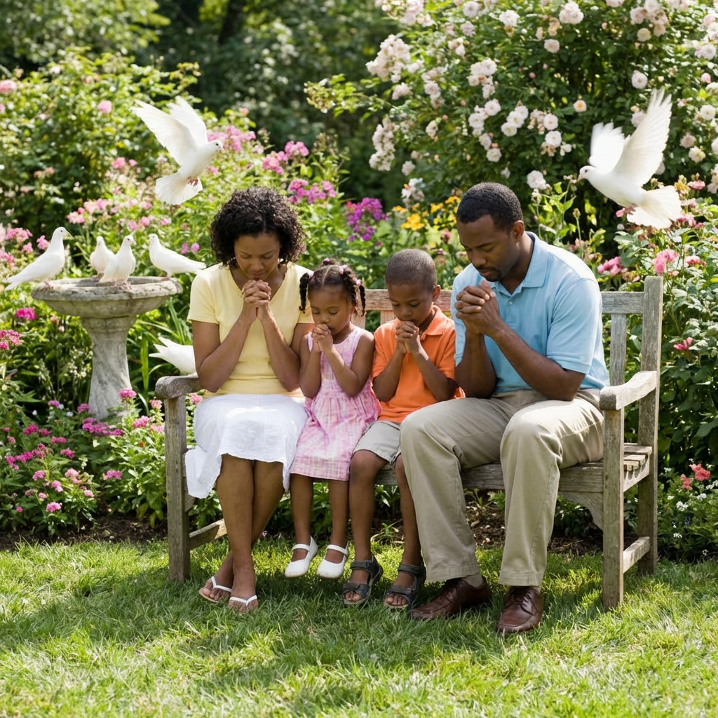 Family of four praying together on a garden bench with white doves flying nearby.