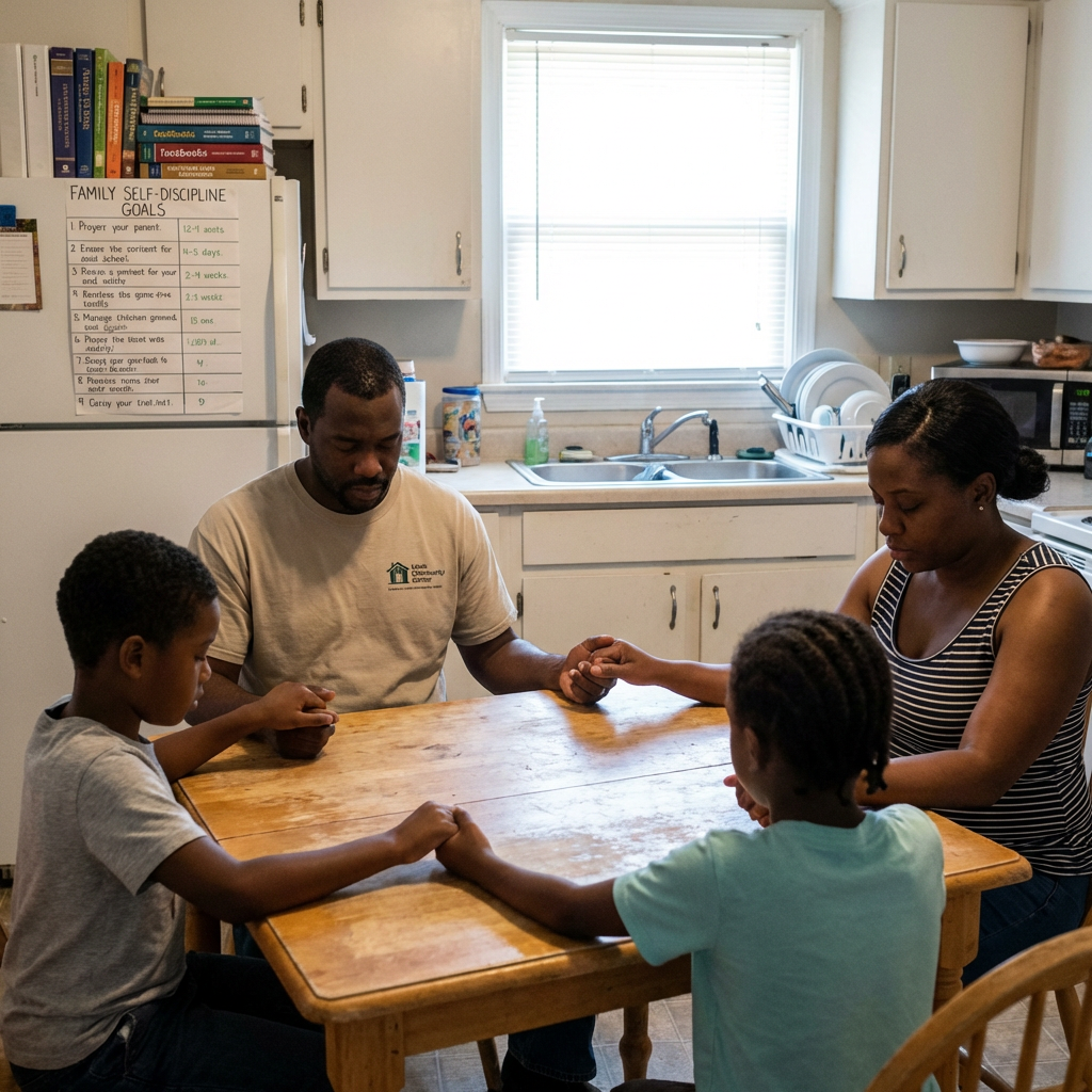 A family of four holds hands and prays together around a wooden kitchen table.