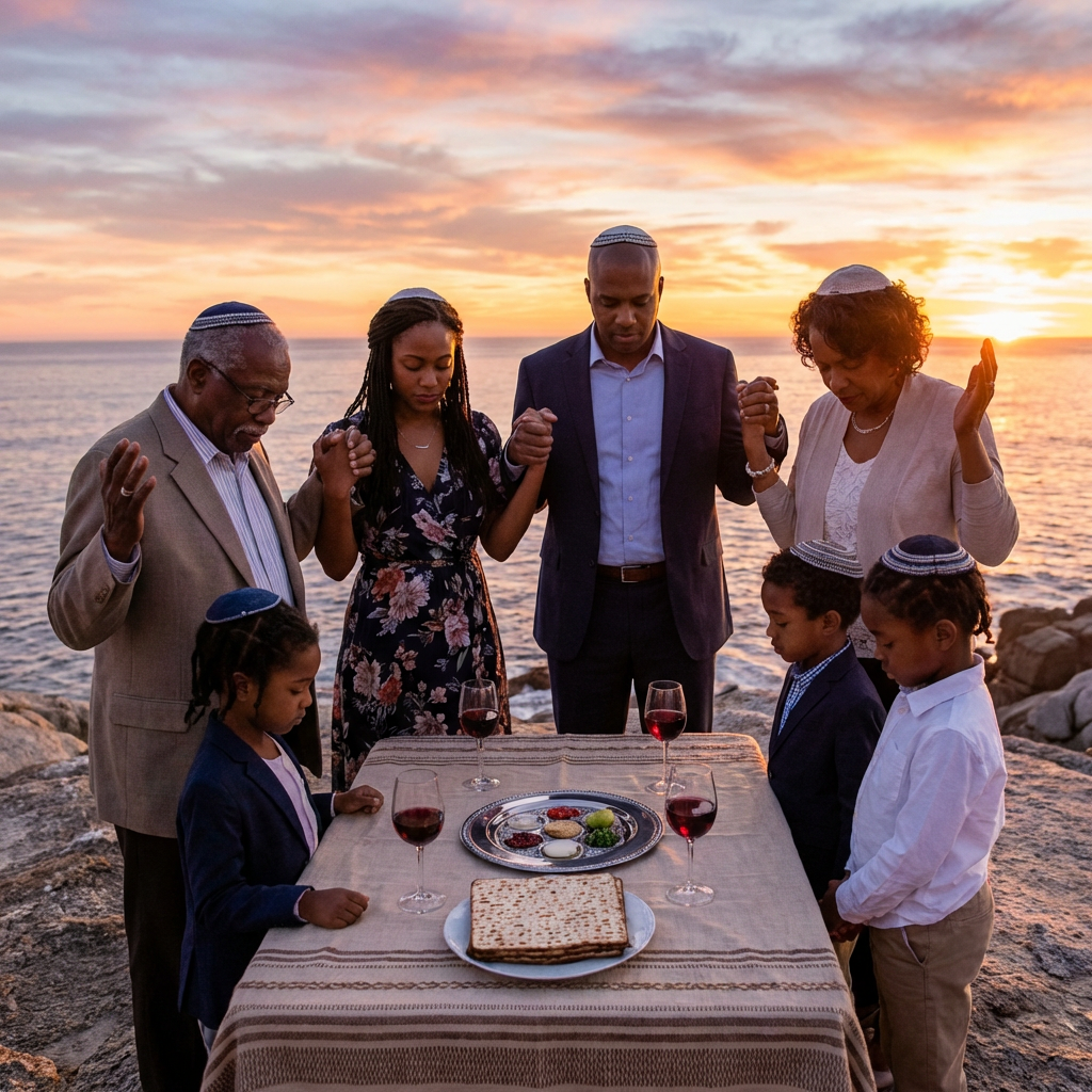 A Black Nazarene Israelite family prays at a coastal Passover Seder during sunset.
