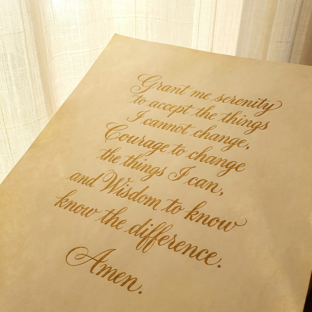 The Serenity Prayer in calligraphy: Grant me serenity to accept the things I cannot change, Courage to change the things I can, and Wisdom to know know the difference. Amen.