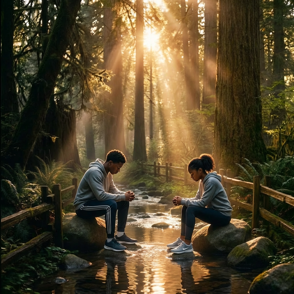 A child and crowd walk toward a large glowing cross of light in a forest.