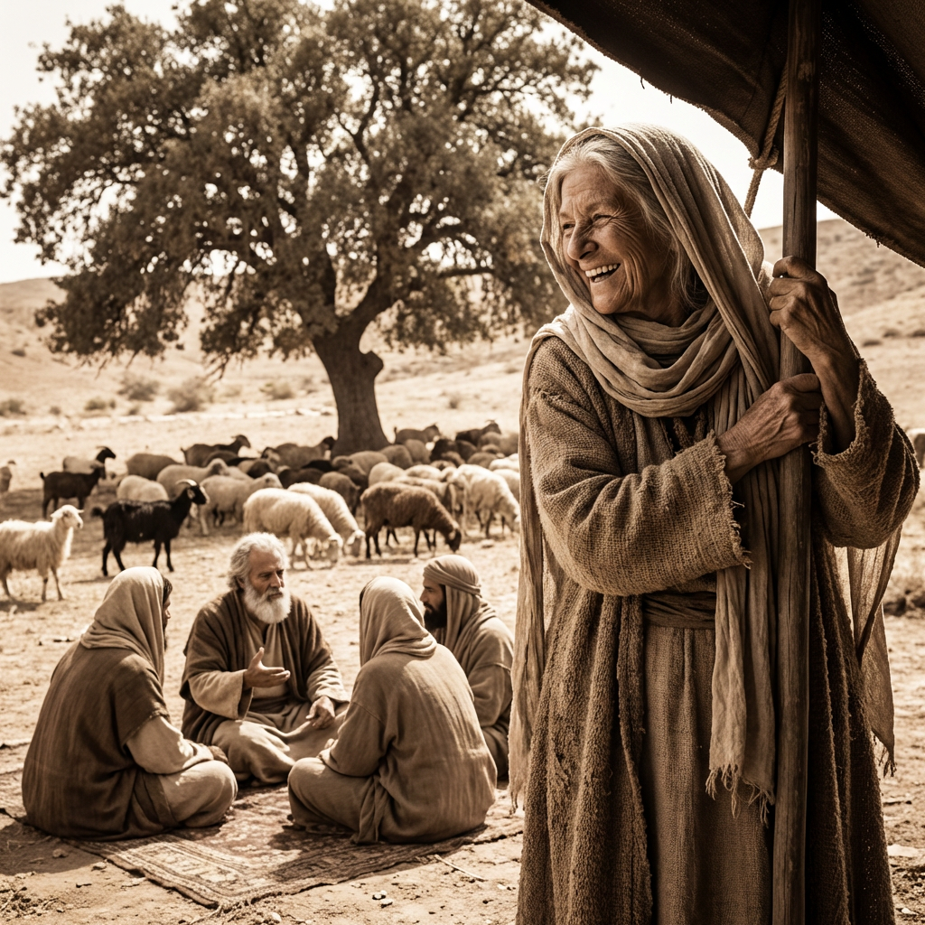 An elderly woman laughs while holding a tent pole in a desert landscape.