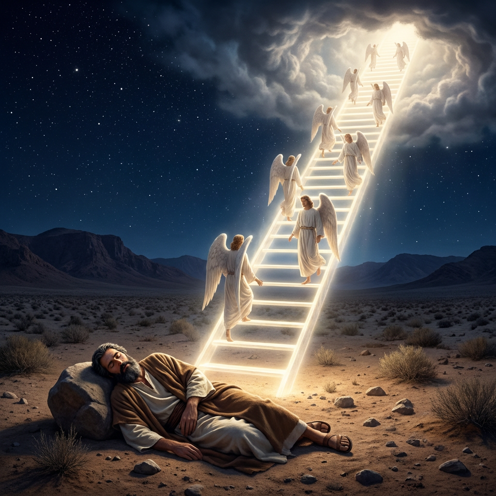 Jacob sleeping on a rock with angels on a luminous stairway reaching the sky.