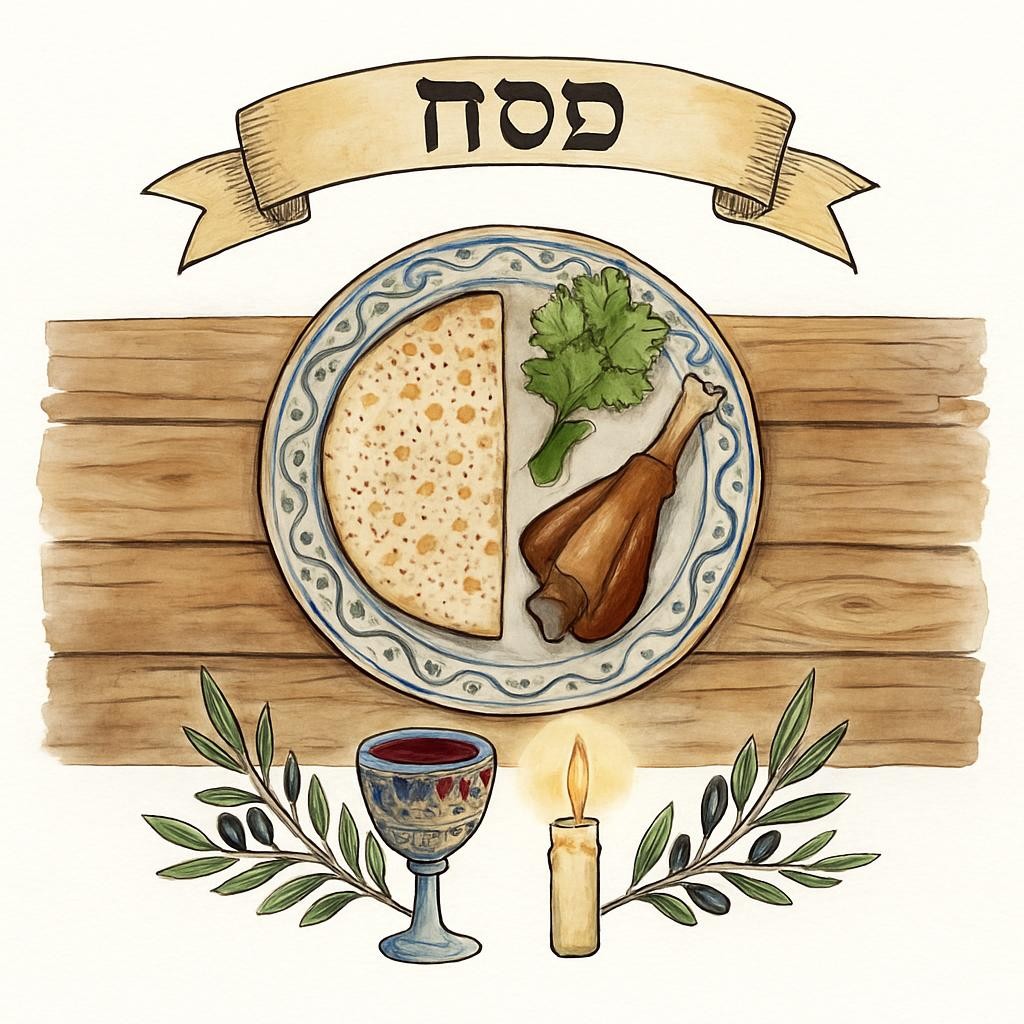 פסח PASSOVER. Illustration featuring matzah, herbs, and shank bone on a plate.