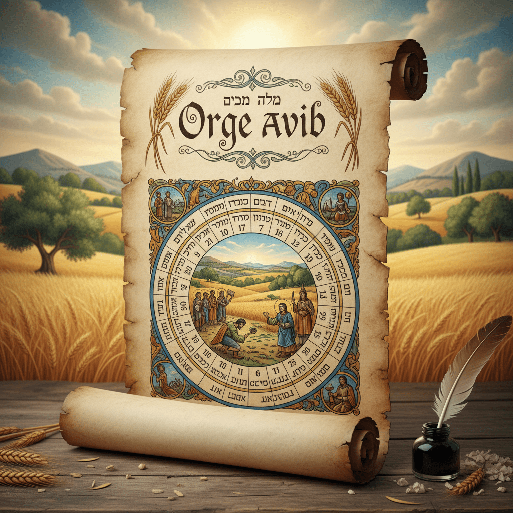 Scroll showing medieval agricultural calendar with Hebrew text and biblical illustrations