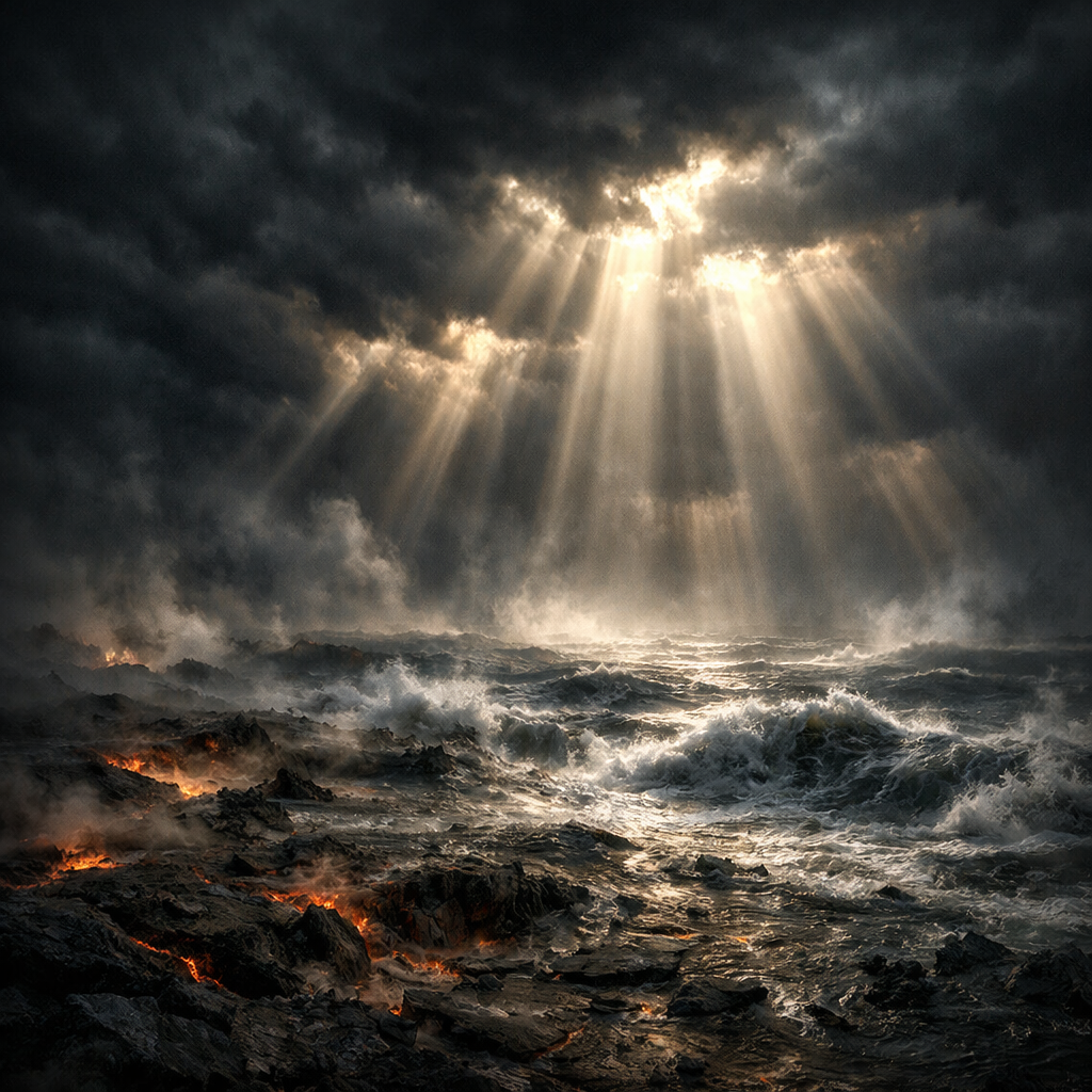 Stormy ocean waves crashing against rocky shore with glowing lava and sun rays