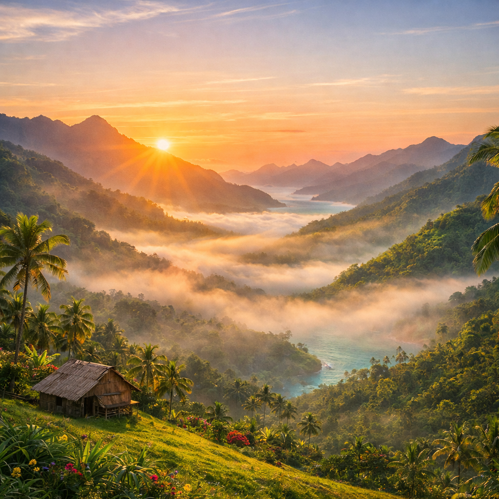 Sun rising behind snow-capped mountains above misty forested valley and grassy hillside cabin