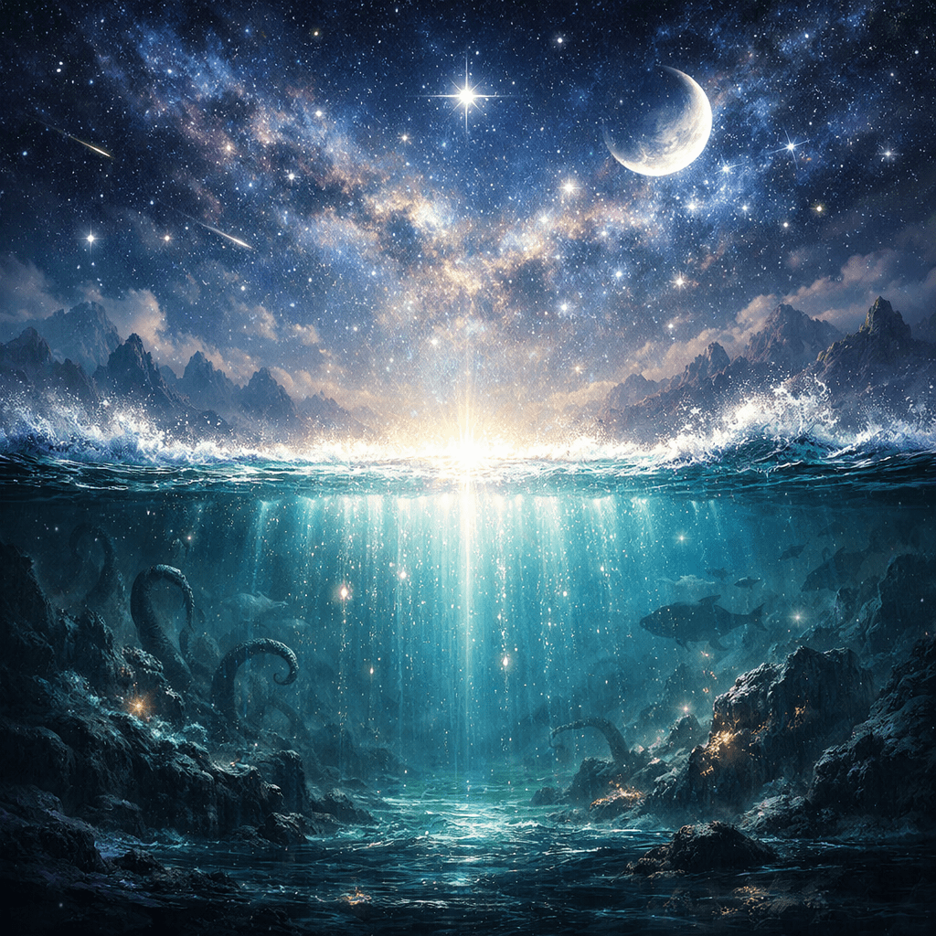 Underwater ocean scene with aquatic creatures and rocky seabed beneath a star-filled sky with crescent moon and mountains.