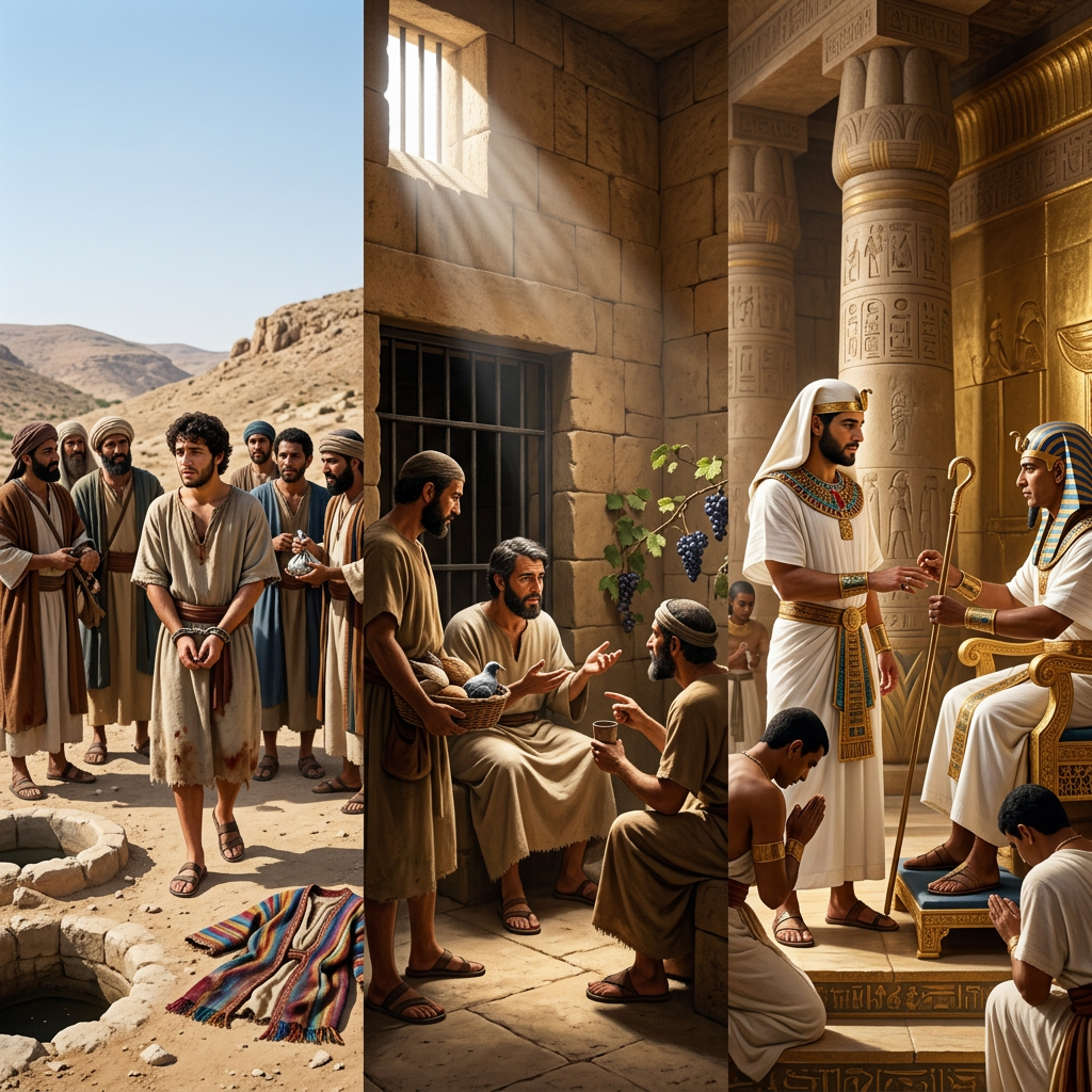 Joseph arrested, imprisoned, then serving Pharaoh in ancient Egypt
