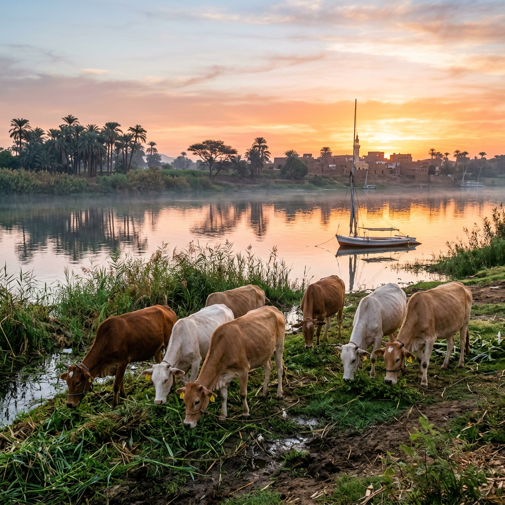 Egyptian ruler in royal attire comforting and embracing men in traditional robes inside an ancient temple