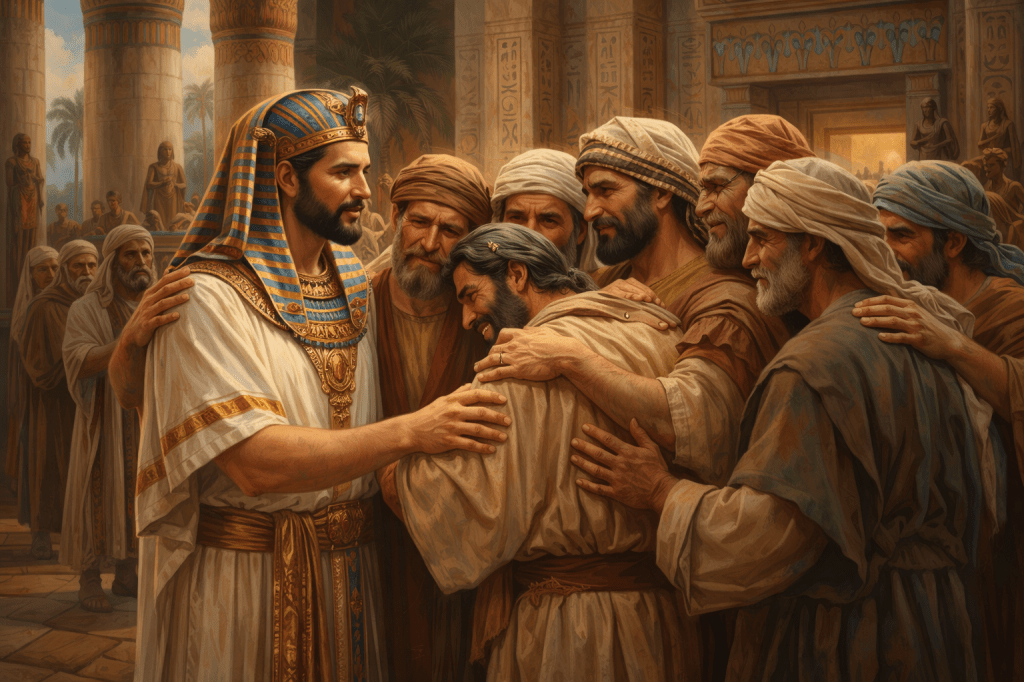 Egyptian ruler in royal attire comforting and embracing men in traditional robes inside an ancient temple