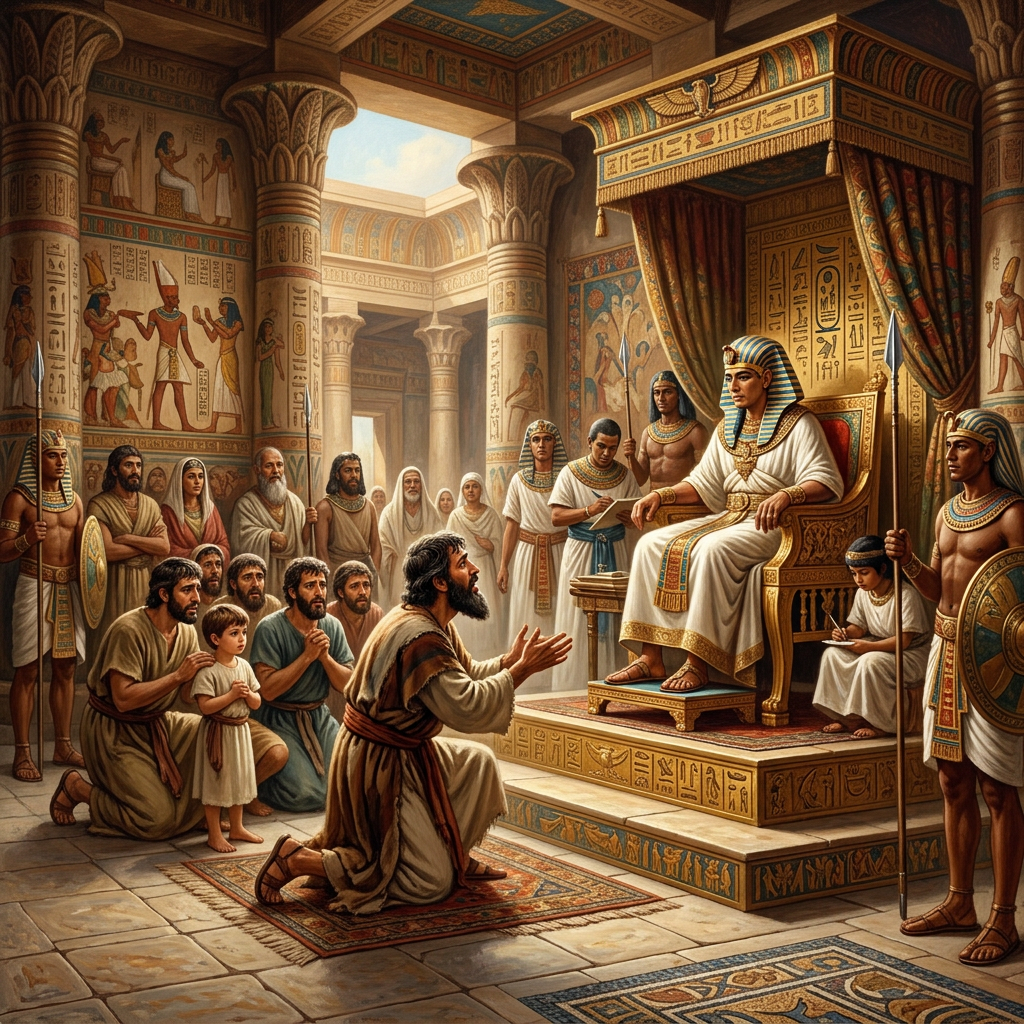 Man kneeling and pleading before an Egyptian Pharaoh seated on a throne in a decorated hall