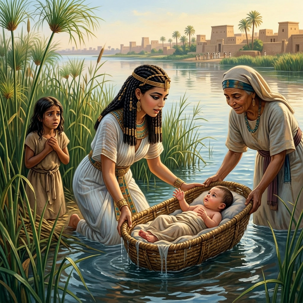 Two women retrieving a baby from a basket floating in the Nile with a young girl watching