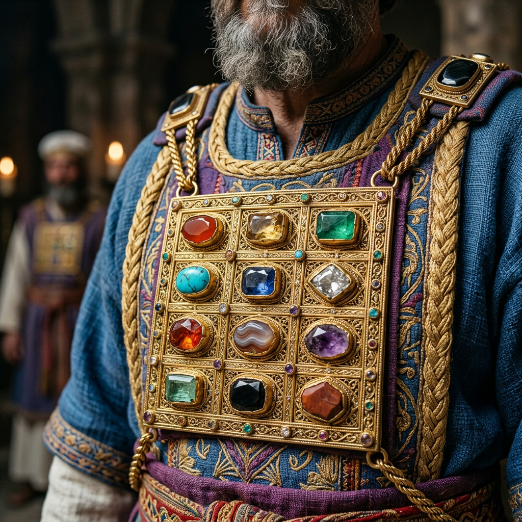 Ancient priest's ornate breastplate with twelve colorful gemstones on blue and purple embroidered robes