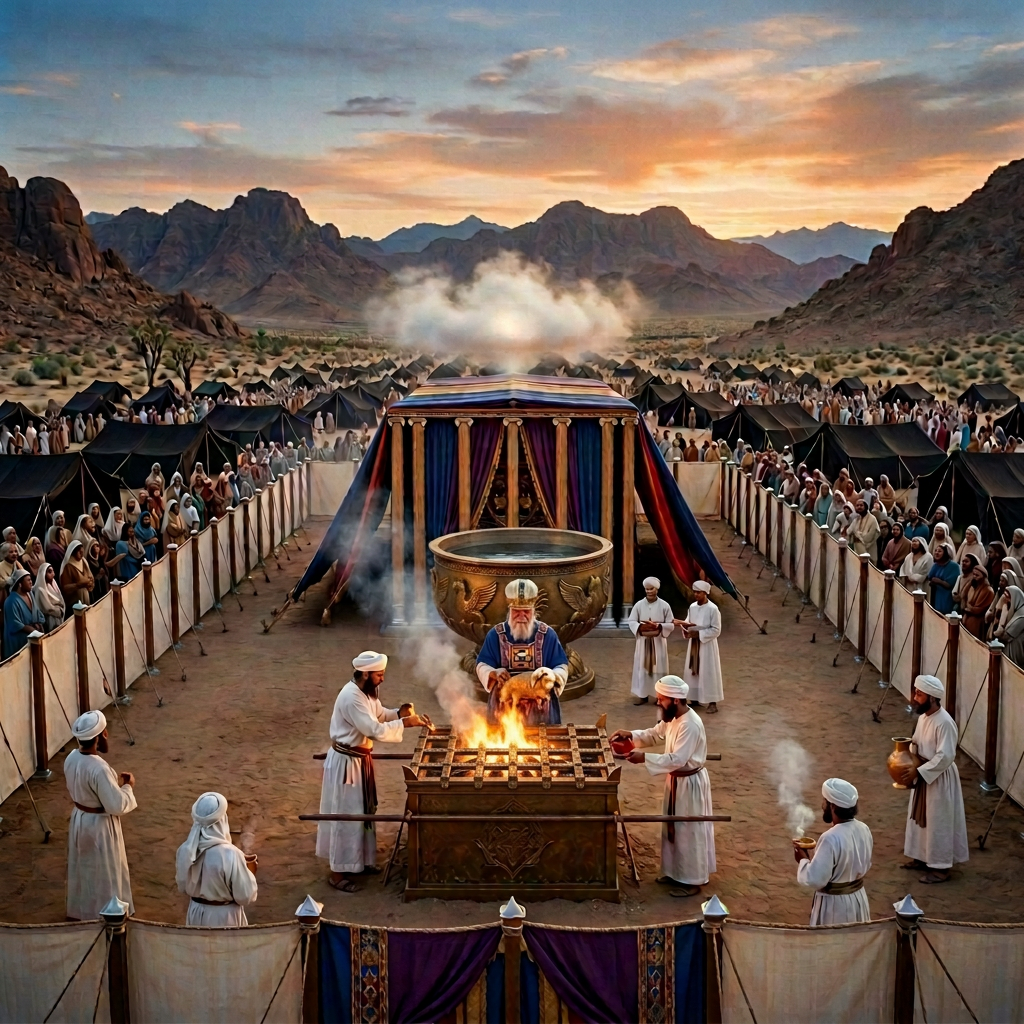 Priests performing a ritual at an altar in front of a colorful tent surrounded by people in a desert